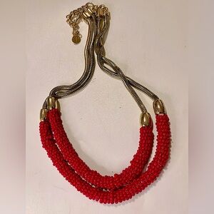 Red statement gold snake rope chain double beaded necklace marked T adjustable